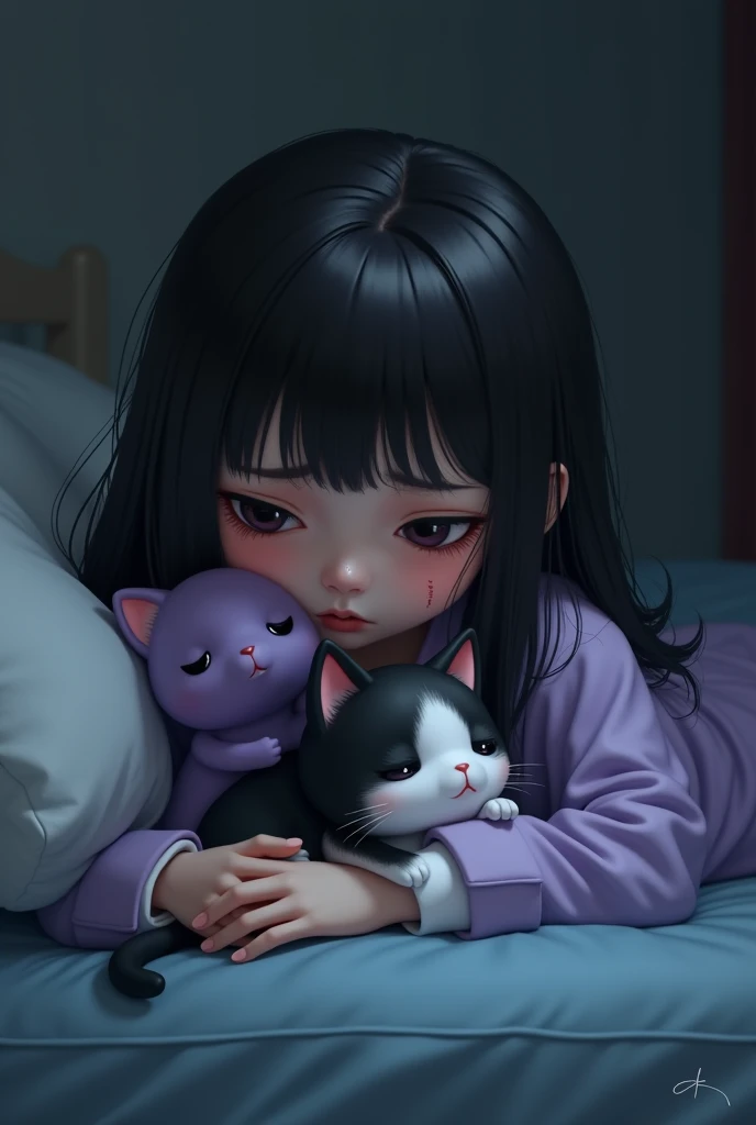 A purple pajama cat on a dark haired robot girl crying hard looking at her sick chubby black and white cat with a smaller red scar on her belly