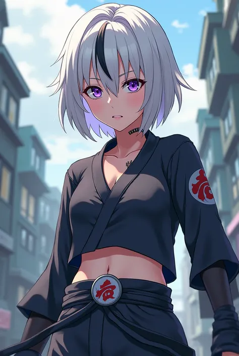 Naruto anime girl, short white hair with some black strands, violet eyes, a wound scar on the neck, a band with the figure of the leaf village that is hung around the neck, a ninja blouse with a neckline and ninja pants 