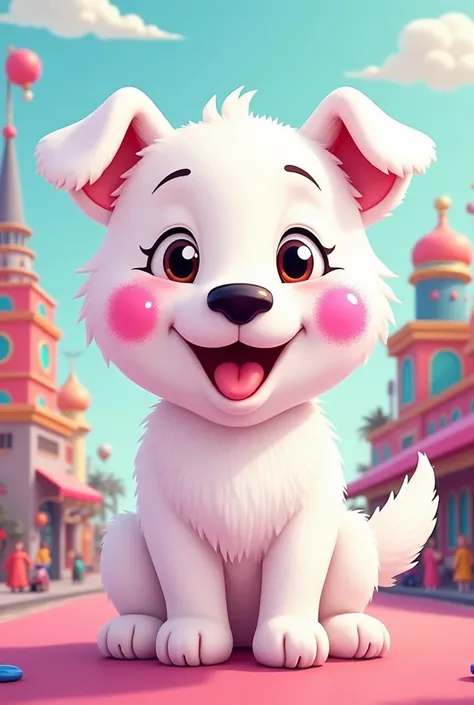 Cartoon of a white dog with pink spots for makeup advertising 