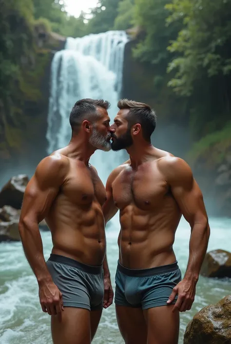 two men, married parents (one is taller, muscular and older than the other) sexy, somewhat muscular and somewhat grey-haired in just boxers in the vicinity of a waterfall, One dad kisses the other&#39;s boxers and they have sons