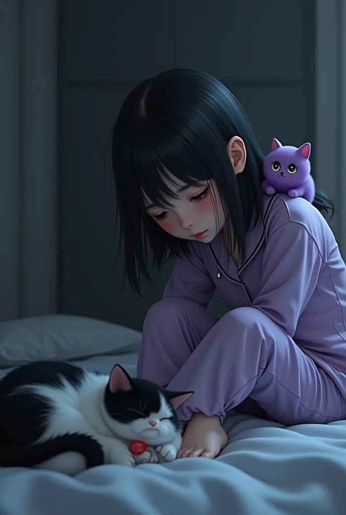 A purple pajama cat on a dark haired robot girl crying hard looking at her sick chubby black and white cat with a smaller red scar on her belly