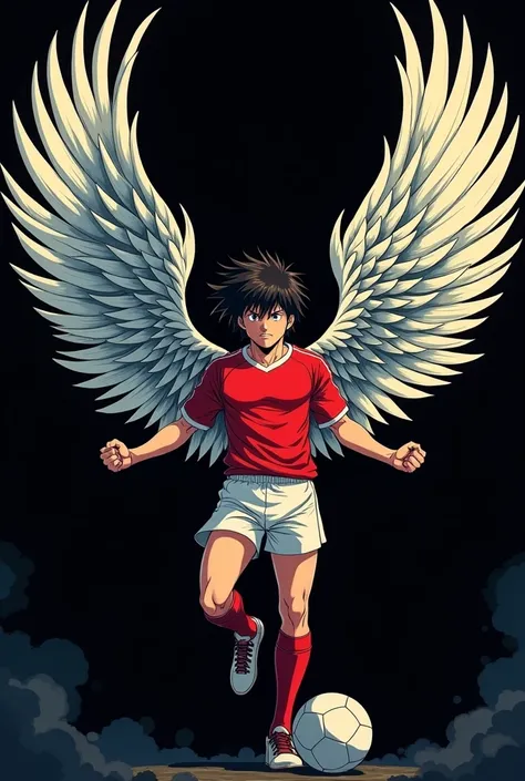 Image with black background of captain subasa with wings