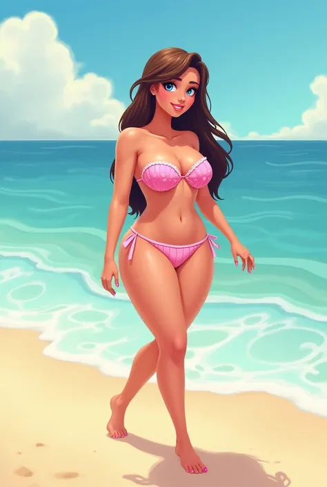 Cartoon Young woman walking at the beach, voluptuous figure with blue eyes, long waist lenght brown hair, barefoot with pink nails wearing a pink seashell style bandeau bikini top with matching string thong bottoms. Side view