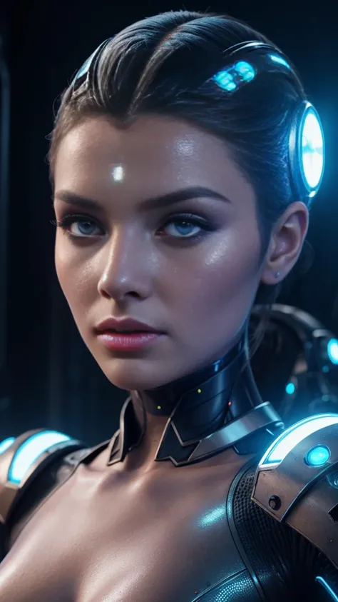 a beautiful female martian, intricate detailed face, long eyelashes, mesmerizing eyes, delicate lips, elegant hairstyle, alien skin texture, futuristic cyborg body, dynamic pose, sci-fi environment, glowing neon lights, cinematic lighting, hyper realistic,...