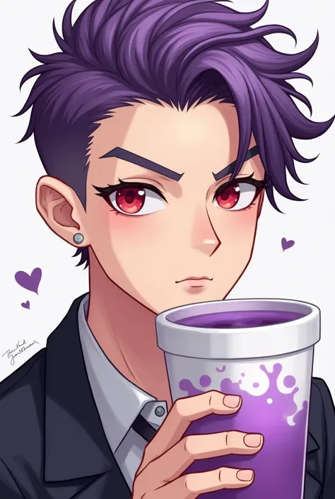 Man holding a styrofoam cup. no beard on face. no smile. purple hair, red eyes, and add signature to image it should be a cute image no lid on styrofoam cup. it has purple liquid inside.  make hair shorter. show full face. 