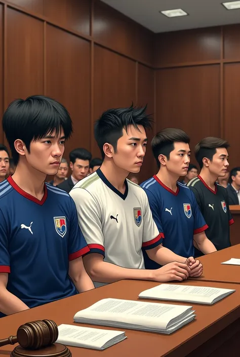 Create an image of a courtroom scene where South Korean prosecutors are presenting evidence of match-fixing. Show a group of professional football players, including Choi Sung-kuk, sitting in the dock, with some looking remorseful. Include elements like fo...