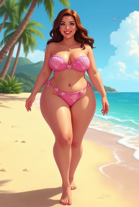 Cartoon Young woman walking at the beach, voluptuous figure with blue eyes, long waist lenght brown hair, barefoot with pink nails wearing a pink seashell style bandeau bikini top with matching string thong bottoms. 