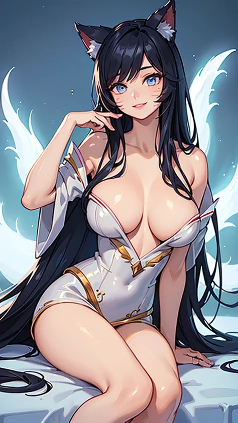 (best quality,ultra-detailed,realistic:1.37),Ahri,spa,luxurious,relaxing atmosphere,beautiful detailed eyes,beautiful detailed lips,smiling,bathrobe,sitting upright,black hair,nine white tails,peaceful background,portraits,vivid colors,soft lighting,tranqu...