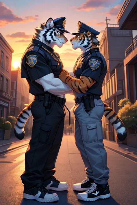 Two furries, male, two male, one ganster wolf(wolf wearing a white tanktop, black baggy pants, black cap, white nike air force sneakers, gold chain necklacej, one police tiger(tiger wearing a police uniform white black formal shoes), short wolf, big and ta...