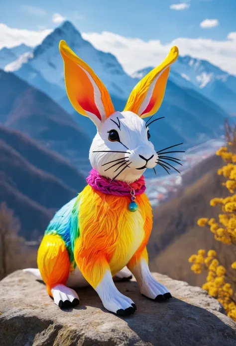 Wolpertinger made of duck + Hase + mouse + In bright colors , Background mountains 