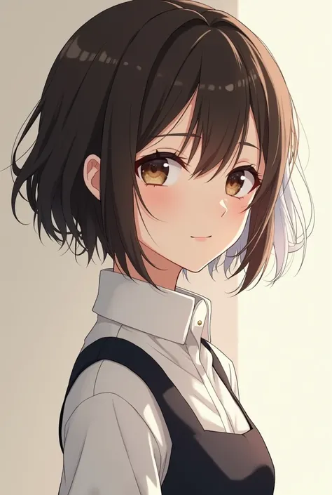 Anime: A skinny Japanese pale white girl with a small waist, thin face, chocolate brown eyes, slender hands with long slender fingers, thin neck free of fat. Only hair on her head, eyelashes and eyebrows. Dark brown hair, wavy, short, with bangs that fall ...