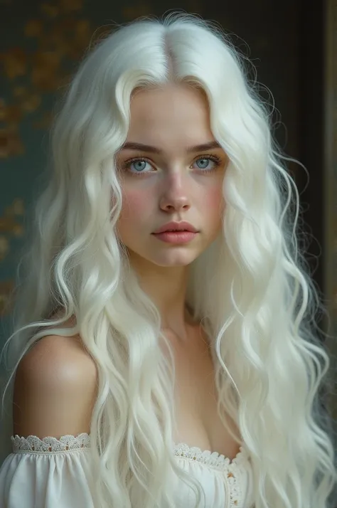 Astrid Hawthorne a 20 year old girl in the 19th century an albino girl of angelic beauty, long, wavy hair down to the buttocks, tired expression, beautiful full lips, slightly pink cheeks and big white eyelashes. Be faithful as long as she is Albina 