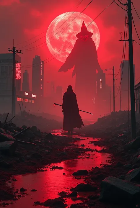 A terrifying landscape inspired by horror films: a bloody red battlefield, with glowing neon signs and skyscrapers in the background and a dark sky covered with red clouds. The ground is covered with blood and broken swords, the ground is covered with rubb...