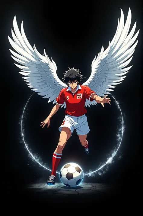 Image with black background of captain subasa with wings patting a ball with a round frame