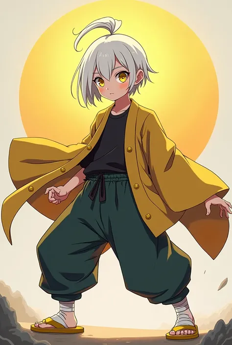 Light-skinned boy is even and hairless, white hair with small high ponytail. Round yellow eyes with white pupils with a design that reflects a sun, with a little bit of eyelashes. With lips with a touch of salmon color. The typical hunter&#39;s clothing is...