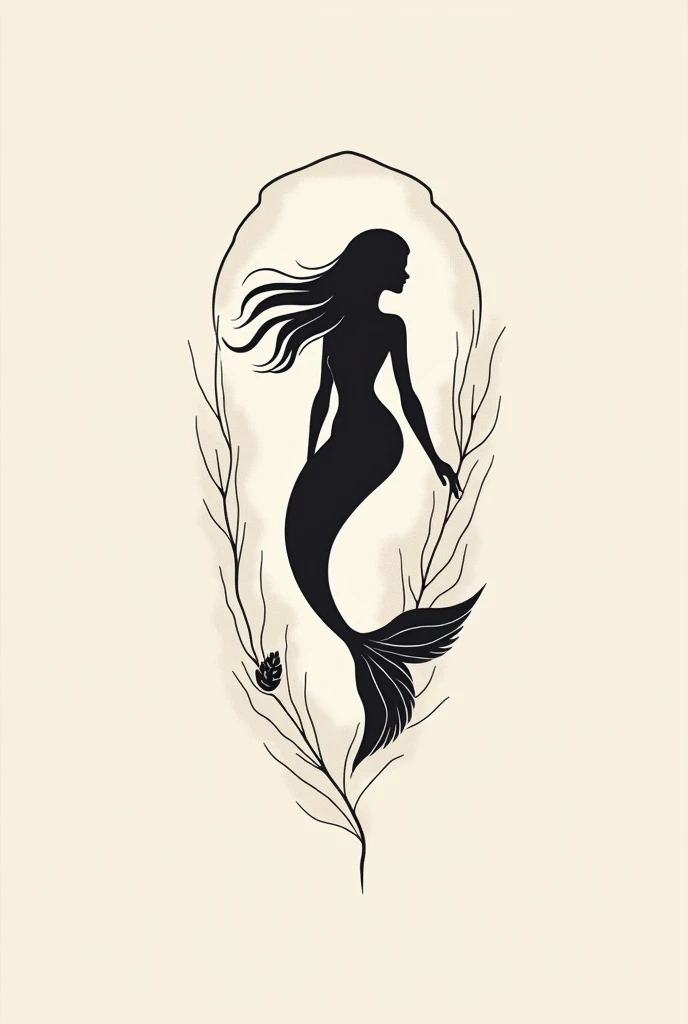 Mermaid vector design for minimalist tattoo on sea background with shells