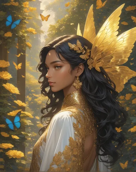 ((best qualityer)), ((work of art)), (detailded), 1 men, blacksad, darkskin, Longhaire, dark haired, long  hair, blackquality hair, curled hair, gold eyes, faerie, elfo, pointy ears, fancy, magie, black leagwear, gold accents, asas de faerie, butterfly win...