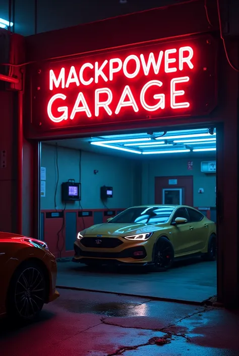 Generates a neon sign that says Mackpower Garage With a battery plug