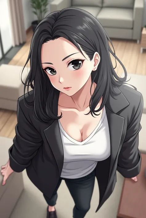 medium short black hair. Light black eyes, deep and energetic.. He wears a black coat with a white shirt as a centerpiece.,black jeans and black everyday shoes, the background a living room is at night, With big breasts and a beautiful figure and with beau...