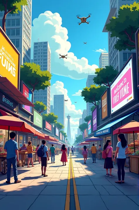 The cartoon illustrates a Filipino street divided into two contrasting halves. On one side, traditional market scenes are depicted with vibrant street vendors, bustling activity, and people engaging in face-to-face interactions. On the other side, a high-t...