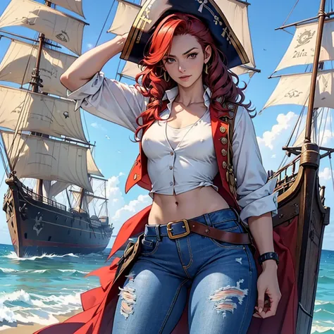 one singular 40-year-old woman, with long curly red hair, skinny super muscular athletic body, small breasts:1.3, hard nipples barely cover by an semi open white blouse, small hips: 1.2, wearing flared jeans very low on the hips, pirate vest, pirate hat, i...