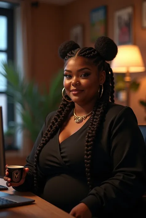 Create a dark beautiful avatar with braided hairstyles. Shes bold and chubby, seated on a chair in a Studio doing live stream for  her YouTube channel. Shes tall and has a cup of coffee in her left hand side.