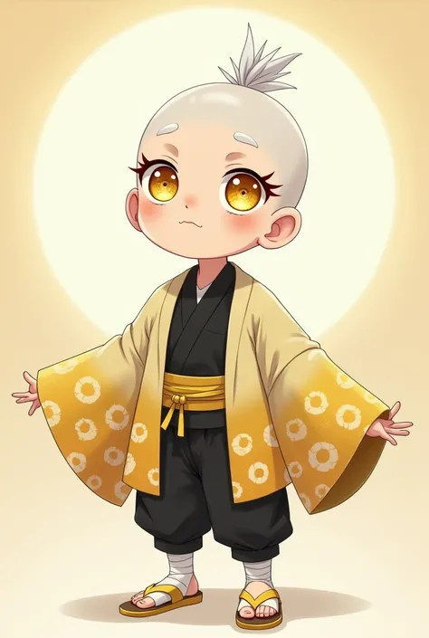 Light-skinned boy is even and hairless, white hair with small high ponytail. Round yellow eyes with white pupils with a design that reflects a sun, with a little bit of eyelashes. With lips with a touch of salmon color. The typical hunter&#39;s clothing is...