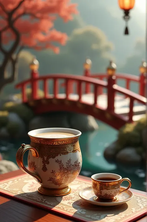 a beautiful and detailed railato bridge design, detailed intricate patterns, exquisite traditional japanese art style, ceramic coffee mug, high-quality 3d rendering, intricate details, ornate decorative elements, delicate craftsmanship, rich warm colors, g...