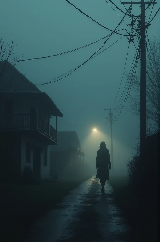 A misty village at night, shrouded in thick fog, with only the faint light of a small flashlight illuminating the path. The village is dark due to a power outage, and everything seems eerily silent