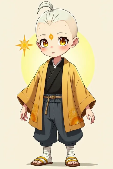 Light-skinned boy is even and hairless, white hair with small high ponytail. Round yellow eyes with white pupils with a design that reflects a sun, with a little bit of eyelashes. With lips with a touch of salmon color. The typical hunter&#39;s clothing is...