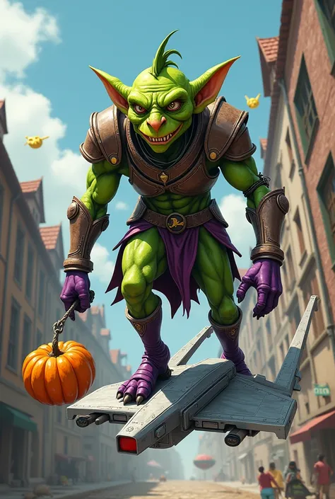 A lime green goblin in medieval lead armor with a height of 1.90 meters witch nose pointy ears no horns no tail athletic build purple gloves purple boots normal man eyes a joker smile while on his glider (flying platform ) silver color throwing a pumpkin b...