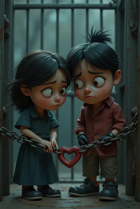 Pixar image of a cage with two adults inside tied to chains with a sad state and a broken heart