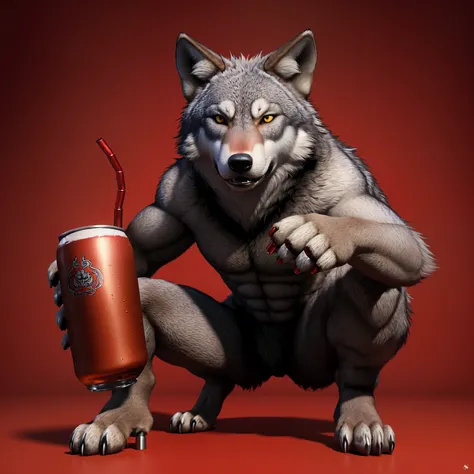 A realistic pumped-up wolf who squats and holds a red beer can in his paw