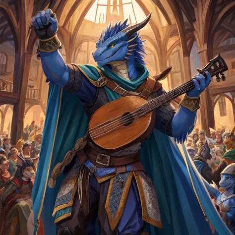 illustrative art,2 arms, 2legs, dragonborn head,dragonborn face , Draconato azul, blue fur,blue scales, wearing bard clothes that cover the whole body, bard ,green and yellow eyes,Medieval village setting, playing the lute ,long black cape,athletic body, h...