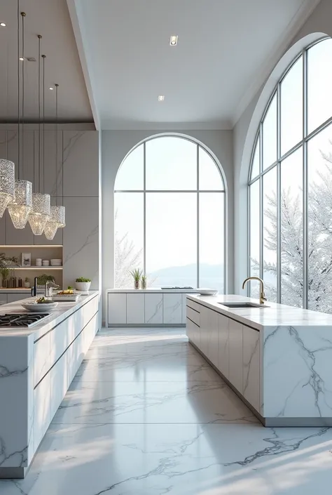 Extreme big kitchen mixed of extra white marble with real shiny big diamonds details kitchen island with modern simple design and big long wide one peace window