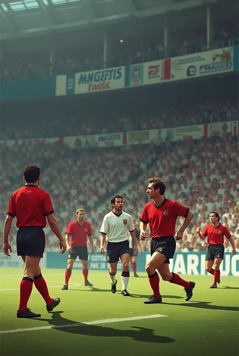 Create an image showing a tense World Cup match between West Germany and Austria in 1982, with West Germany scoring an early goal. Illustrate the subsequent lack of action in the game, with a focus on the scoreboard and the teams on the field. Include elem...