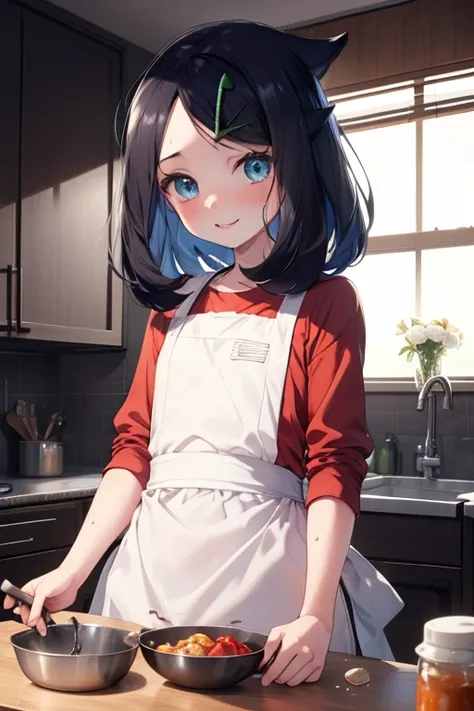 nsfw, cute apron, Newly Married, Love love, (masterpiece, Highest quality, 8K ultra-high resolution:1.4), 14yo, kawaii Pokemon RikoFlash photography, Backlight, (The best smile:1.4), Knife, Written boundary depth, Dramatic portrayal, (Kitchen Background), ...