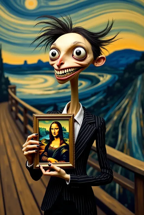 Generate a cartoonish character that looks like it was created by Tim Burton, who is inside the painting The Scream and holds a spooky version of the Mona Lisa in his hand. 