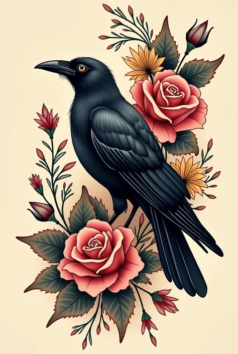 Crow with flowers, traditional tattoo style

