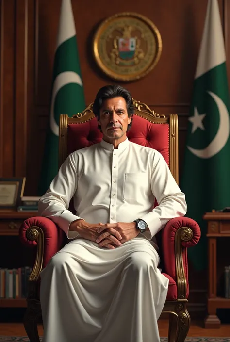 Make a picture of former primer minister of Pakistan imran khan sitting on prime minister chair