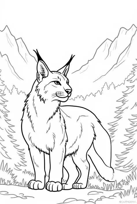 line drawing, coloring book, black and white, Lynx  standing with forest and mountains in the background 