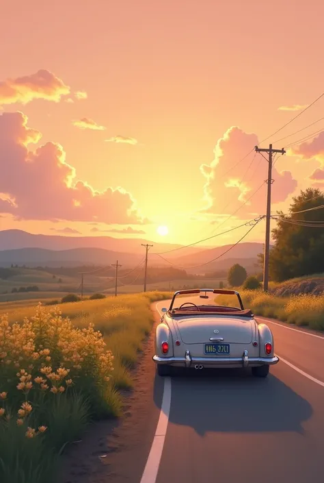 Create a visually appealing background image for a music video. The scene should be a serene, open road with a soft, warm orange and pink sky at dawn. Include a hint of a vintage convertible car parked on the roadside, with its top down, as if it has just ...