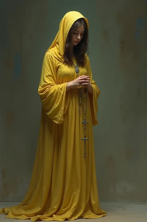  with a rosary in hand, sad affection, yellow composite dress