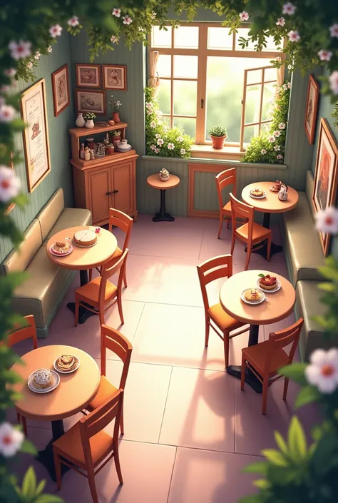 Digital art cosy anime café perspective from above cute some food no people flowers interesting composition some round tables retro style flowers also coming in from the left and right of the image floeers also ob the table more interesting chairs but stil...