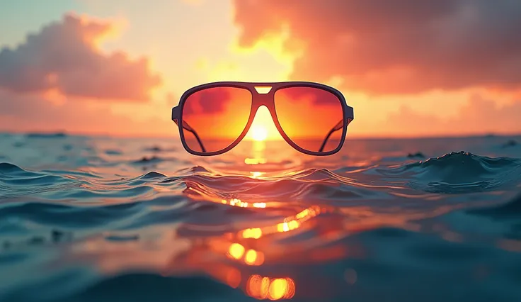 A surreal cinematic scene where a pair of sunglasses floats just above the ocean horizon at sunset. The lenses reflect a surreal sky in shades of pink, orange, and purple, while the waves gently move in slow motion beneath the glasses. The setting suns ray...