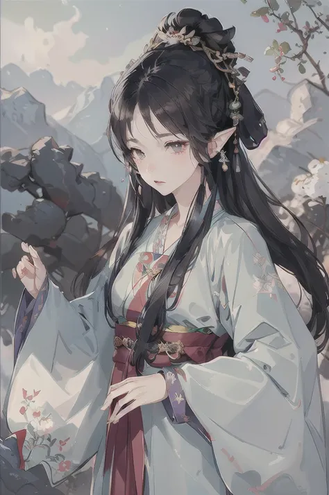 masterpiece, best quality, 1girl, ultra detailed, ultra highres, well-definded facial features, anatomically correct, cute girl, long pointy ears, elf, nice face, black hair, puple eyes,Ukiyo-e, 