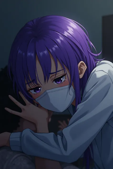 A young purple-haired teenager crying to his mother,nothing that the face is wearing a mask
