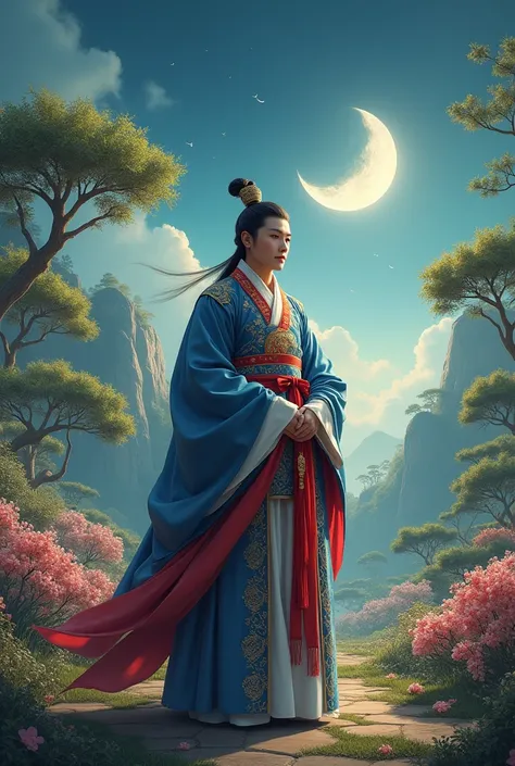 best qualityer, Cao Cao_resolution, distinct_imageio, detailed back ground ,Kizi, Hanboks,flowers,Garden,moonligh, natta,dutch angle, wide plan, tails, 