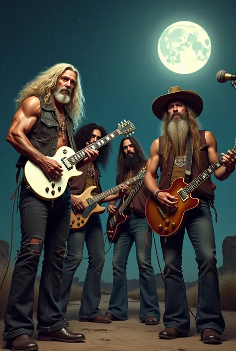 image of 4 members of a southern rock band.
1 member has very long, blonde hair, does not wear a hat, use beard loira, has a strong physical build, wears a leather vest and tight leather pants, holding a white les paul guitar. 1 member has long black curly