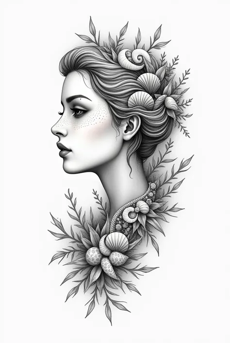 Mermaid design with side face with scales for minimalist tattoo with details on the seabed with shells